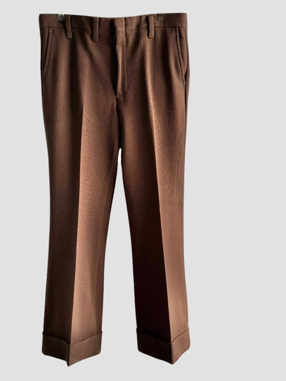 Vintage 1970s Brown Polyester Cuffed Bell Bottom Pants 35 Waist